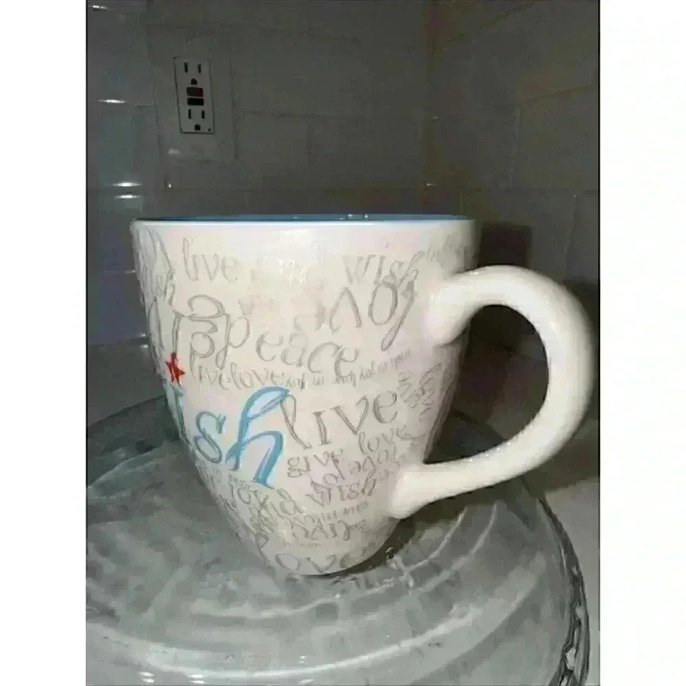 Starbucks Mug Wish Live Love Peace 2005 White Gray Grey Writing Blue Inside